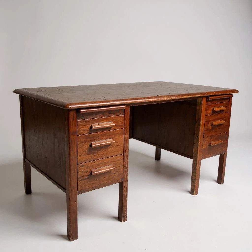 Vintage 1940s Abbess Oak Teacher’s Desk – Double Pedestal School Desk
