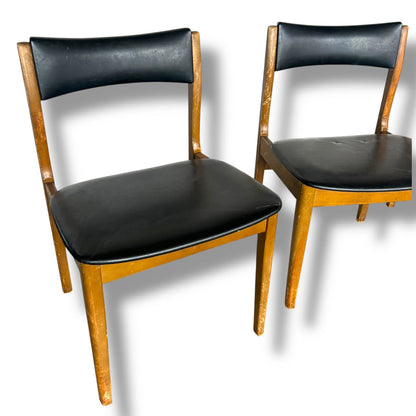 Mid Century Modern Teak Wood and Black Vinyl Set of Four Dining Chairs