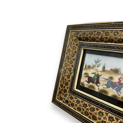 Vintage 1960s Persian Khatam Battle Scene Framed Painting