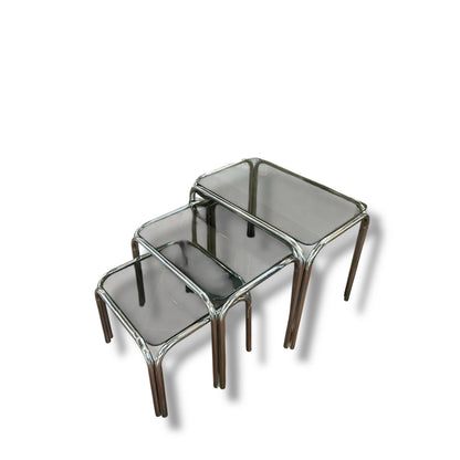 Mid Century Modern Smoked Glass and Chrome Nest of Tables
