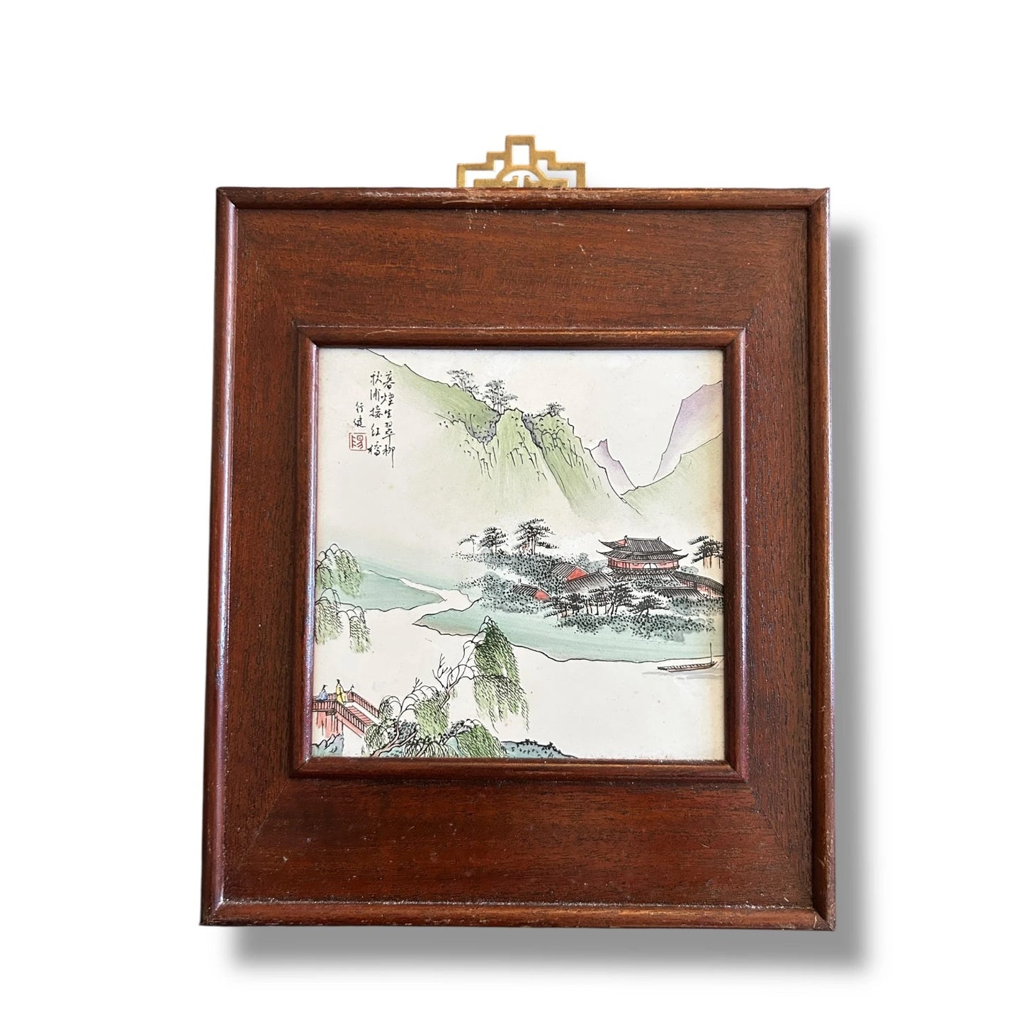 Vintage Chinese Hand-Painted Porcelain Tile Plaque in Rosewood Frame – Scenic Landscape Wall Art
