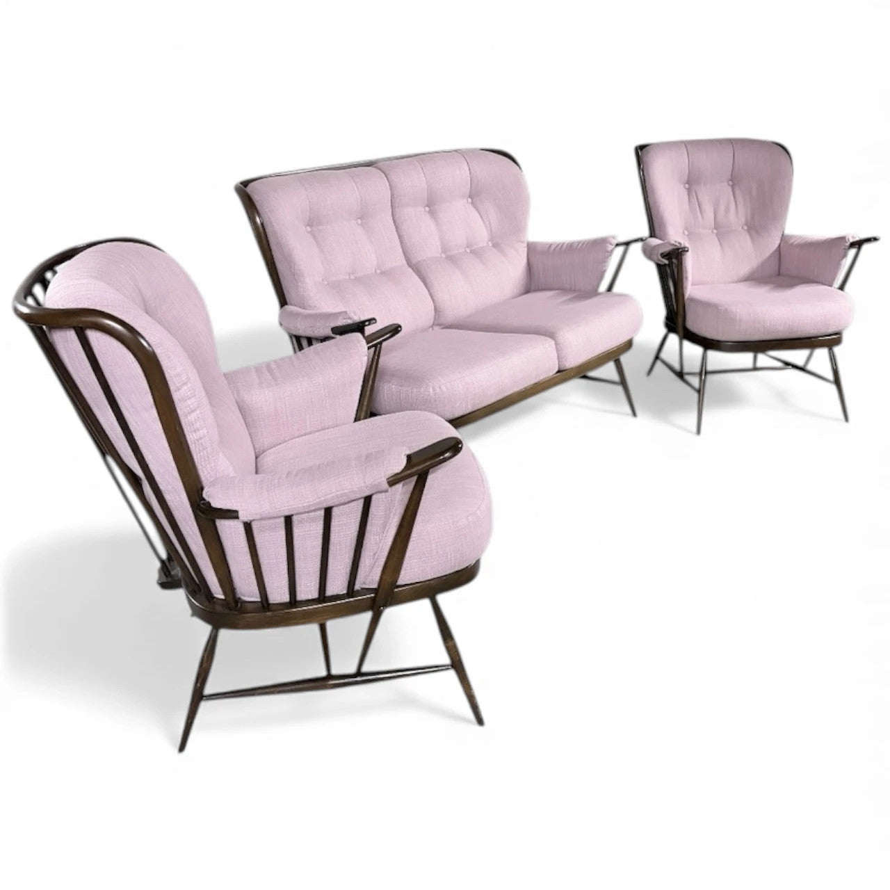 Ercol Everest Suite – Mid Century Living Room Set | Dusty Pink Sofa & Solid Beech Armchairs