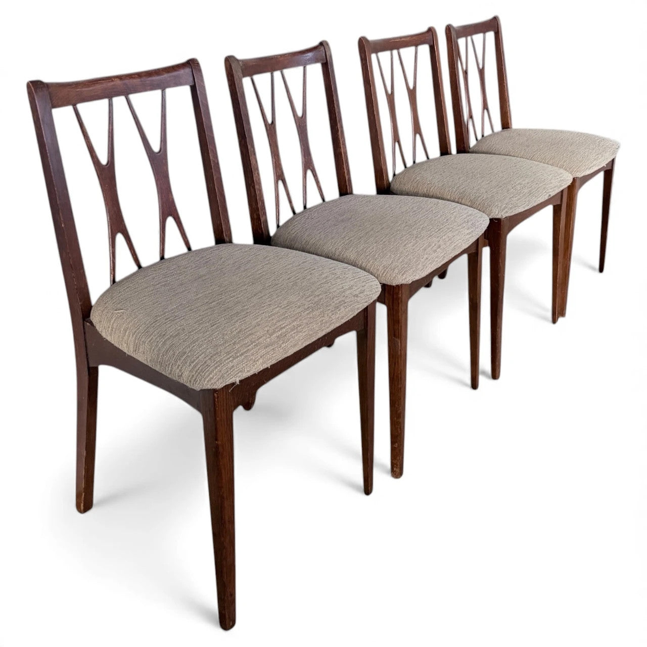 Mid Century Dining Chairs | Four Teak Vintage Wooden Seats With Cross Splat Backrest