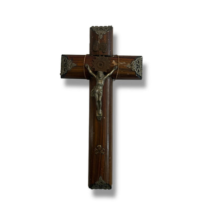 Vintage 1960s Dutch Carved Wood Crucifix | Brass Jesus Christ Wall Cross
