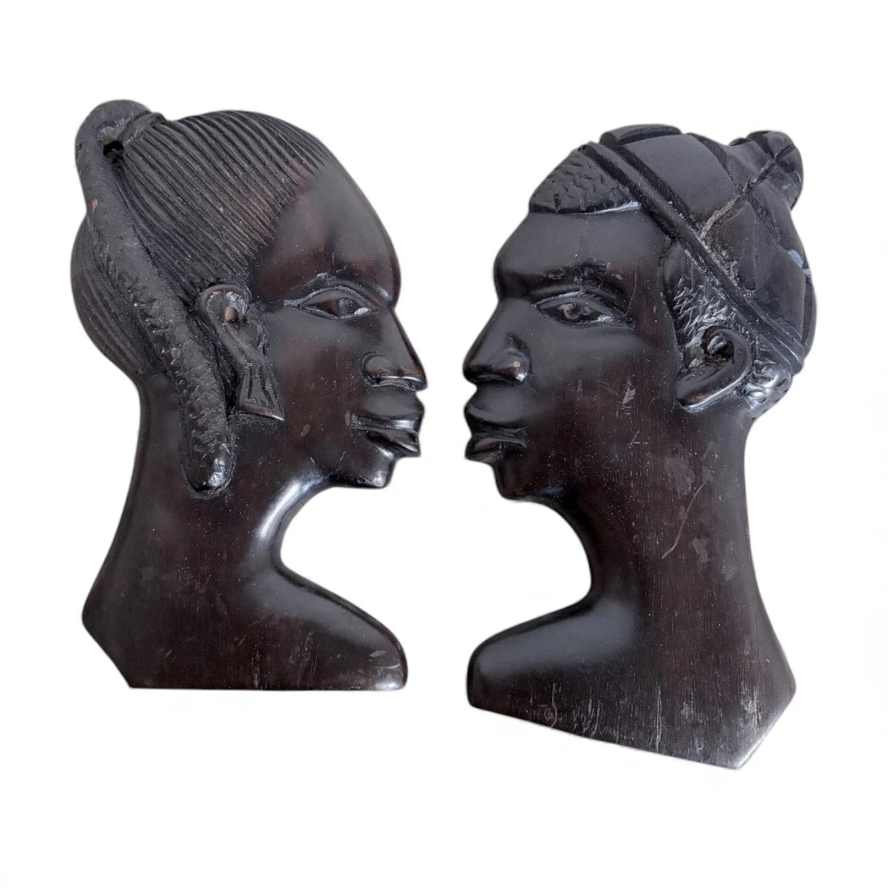 Pair of Vintage Ebonised Wood Busts – Hand-Carved African Figures