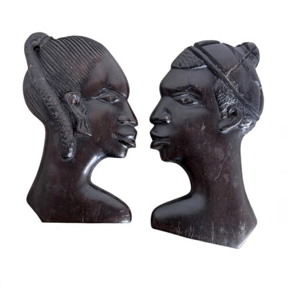 Pair of Vintage Ebonised Wood Busts – Hand-Carved African Figures