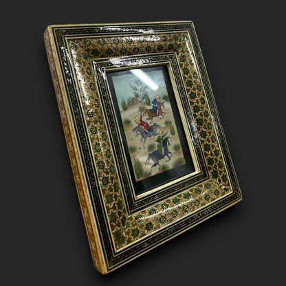 Vintage 1960s Persian Khatam Mosaic Framed Miniature Painting