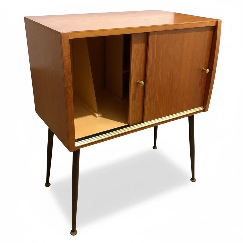 Mid Century Teak Cabinet – Compact Vinyl Record Storage with Sliding Door