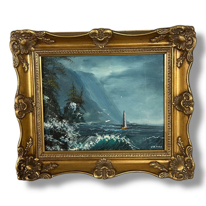 Vintage 1970s Nautical Landscape Oil Painting with a Gilt Frame