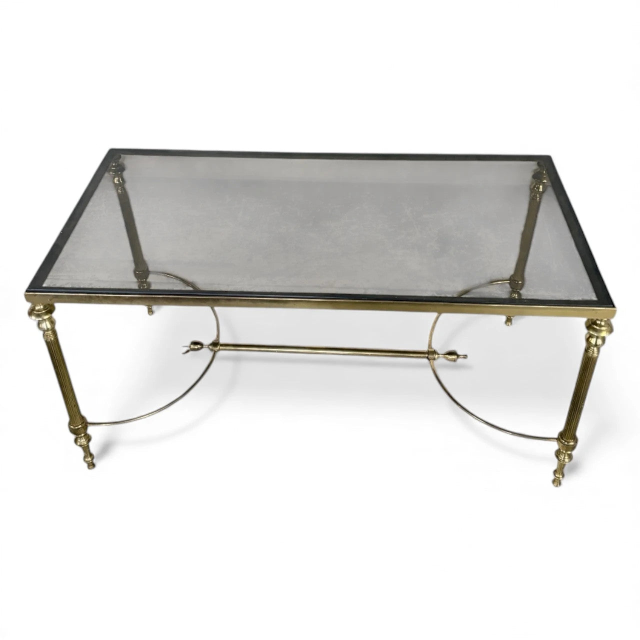 Vintage Brass and Smoked Glass Coffee Table – Hollywood Regency Rectangular Table Mid-Century