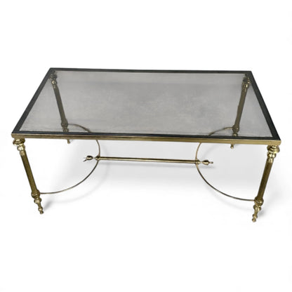 Vintage Brass and Smoked Glass Coffee Table – Hollywood Regency Rectangular Table Mid-Century