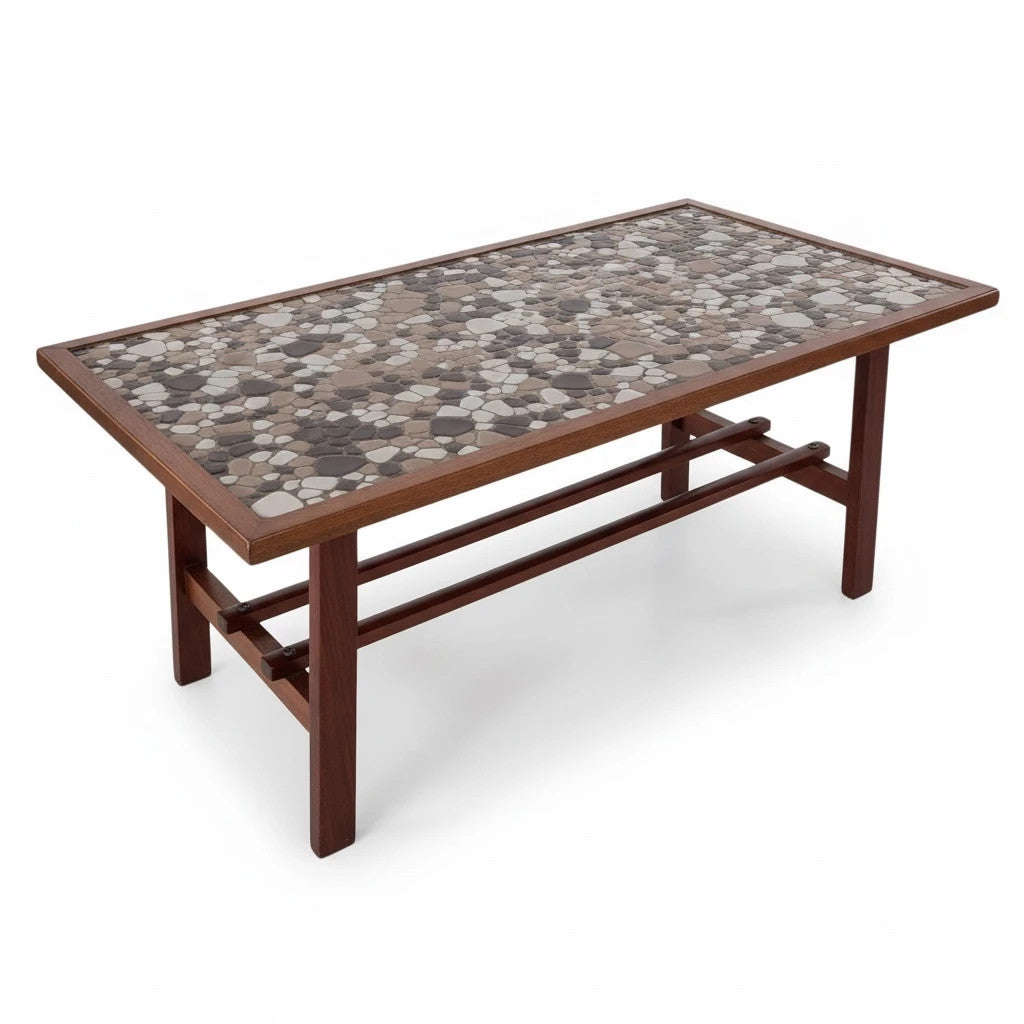 Mid-Century Coffee Table – Teak Wood & Pebble Tile, Durable Heat Resistant Surface — view 2