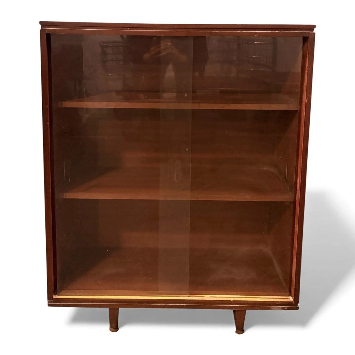 Mid Century Bookcase - Walnut Veneer Glazed Bookshelf With Sliding Doors
