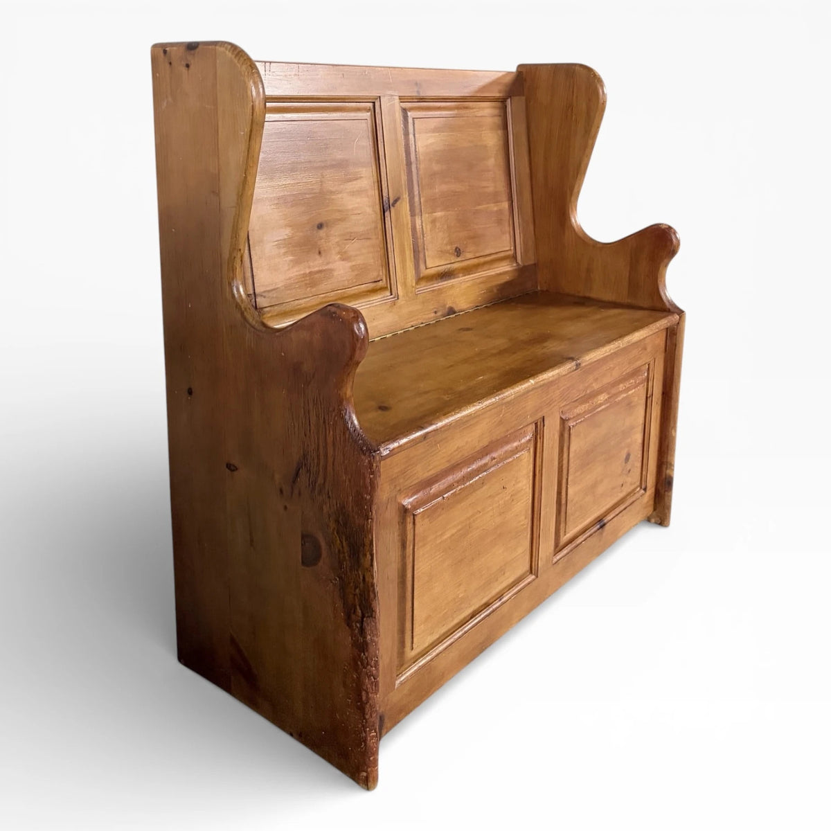 Antique Pine Monks Bench – Rustic Church Pew Style Hallway Storage Seat