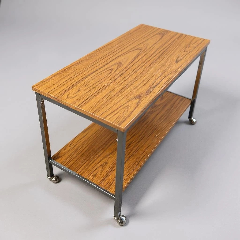 Mid Century Modern Walnut and Chrome Bar Drinks Trolley