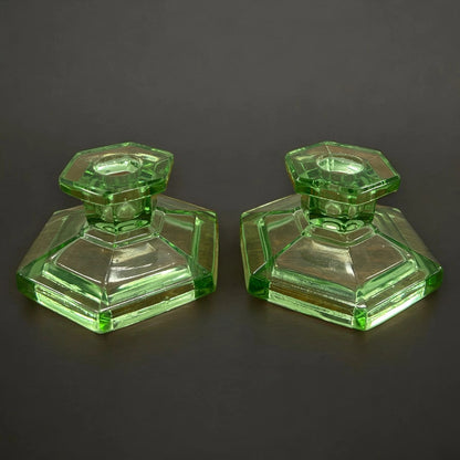 Vintage 1930s Green Glass Candlestick Holders