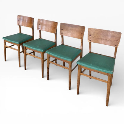 Vintage Oak Dining Chairs - Set of Four Solid Oak Chairs with Green Upholstered Seats
