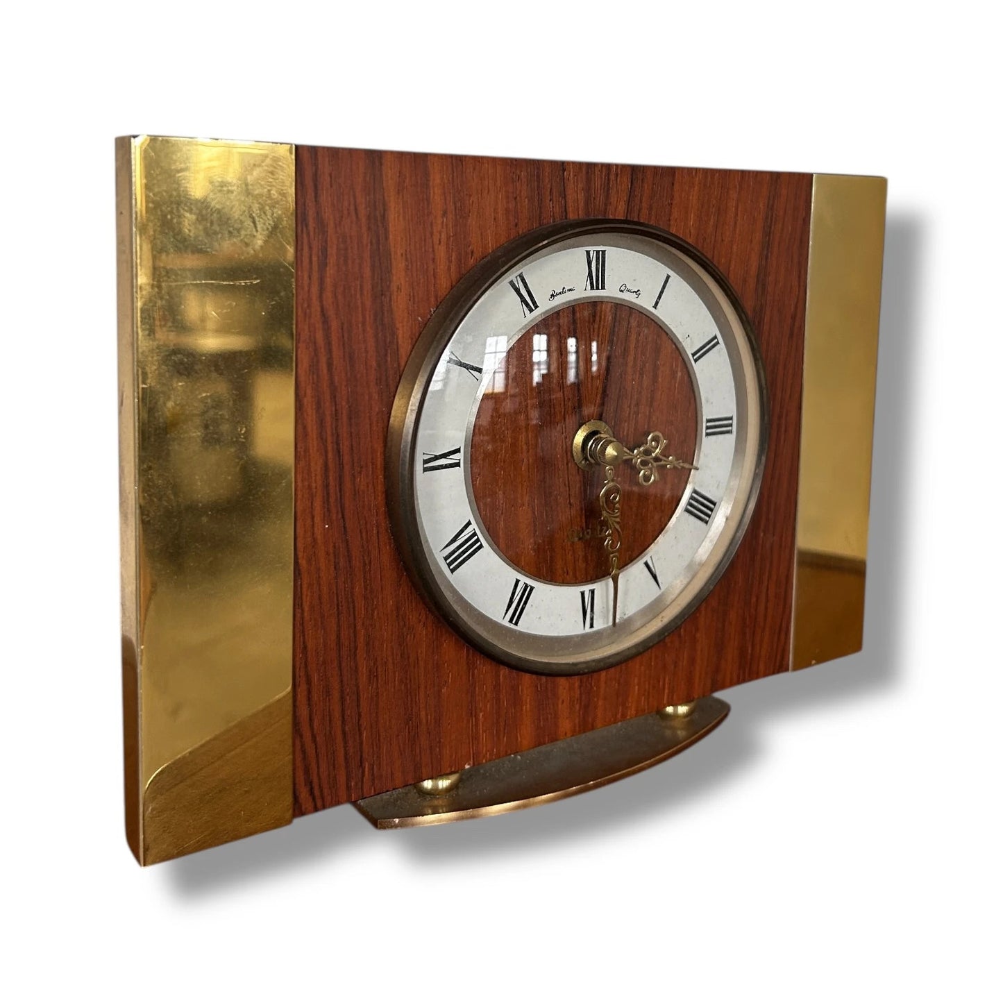 Mid Century Modern Teak Wood and Brass Table Clock