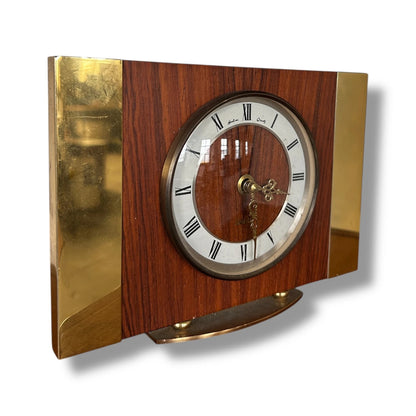Mid Century Modern Teak Wood and Brass Table Clock