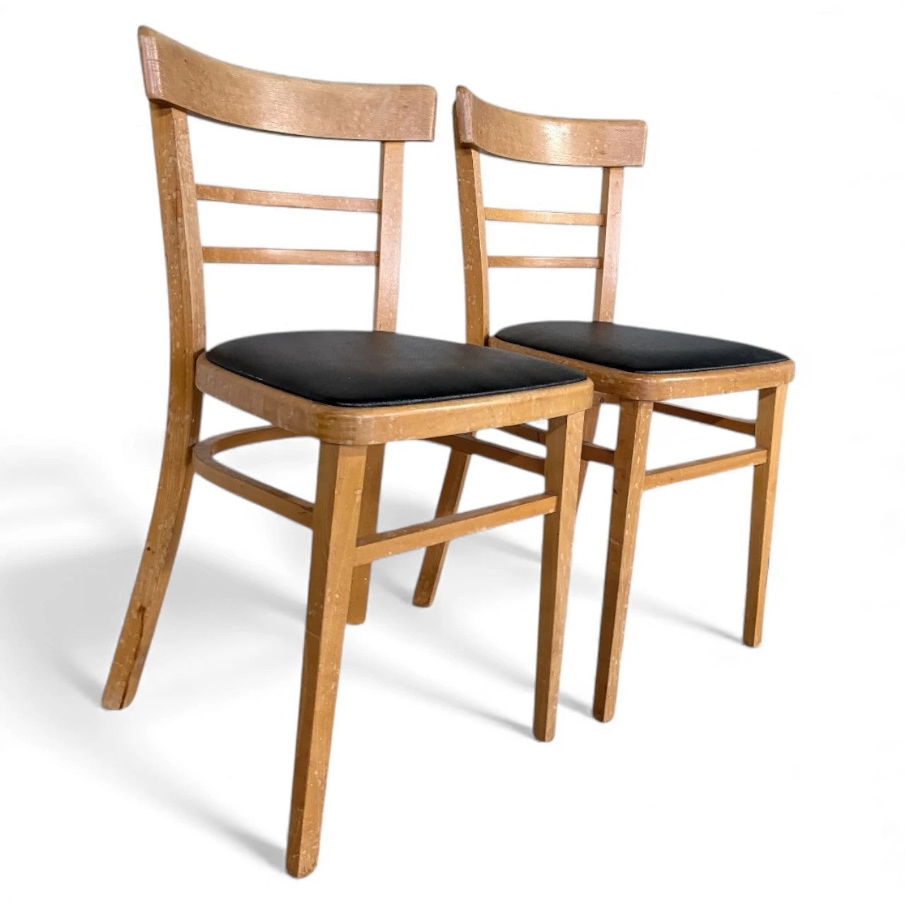 Pair of Vintage Beech Dining Chairs with Black Vinyl Seats – Mid-Century