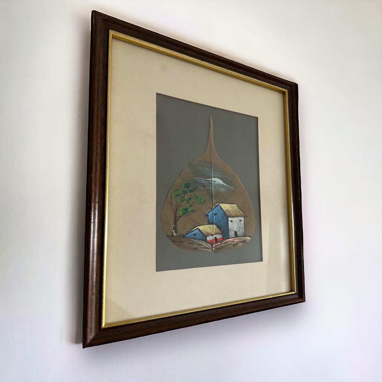 Vintage 1970s Hand Painted Leaf Framed Art