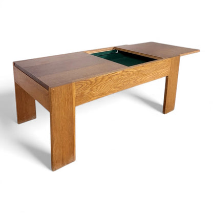 French Tiger Oak Sliding-Top Coffee Table – Mid-Century Modern Storage Table