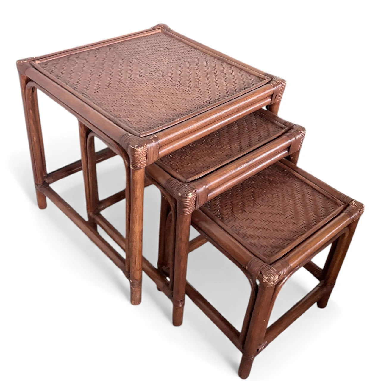 Vintage Bamboo & Rattan Nesting Tables – Set of Three Square Boho Tables