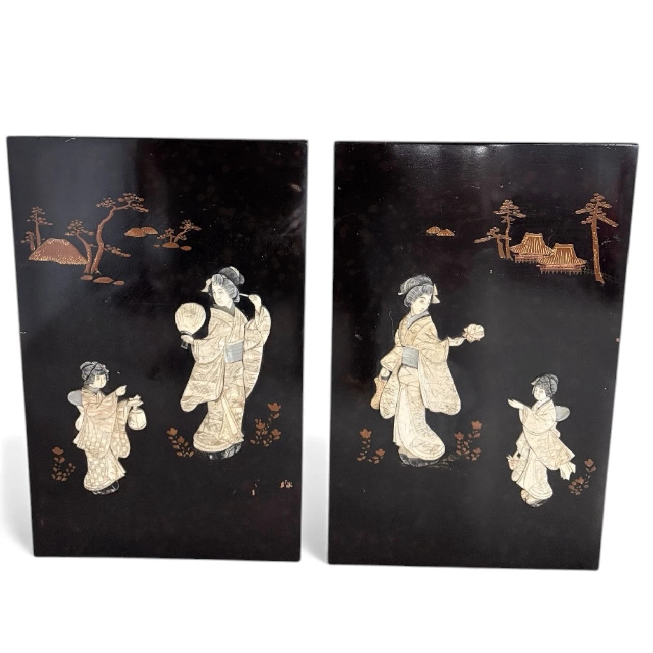 Pair of Vintage Japanese Mother-of-Pearl Panels – Ebonised Wood
