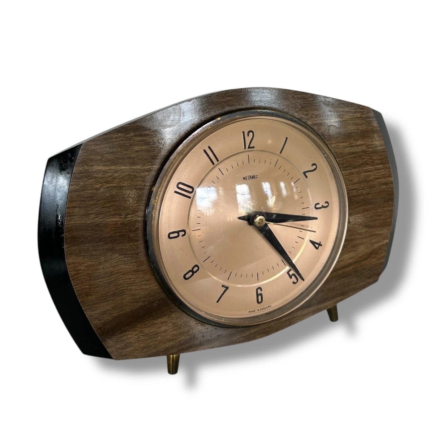 Vintage Metamec Mantel Clock – Mid Century Modern Teak & Brass Atomic