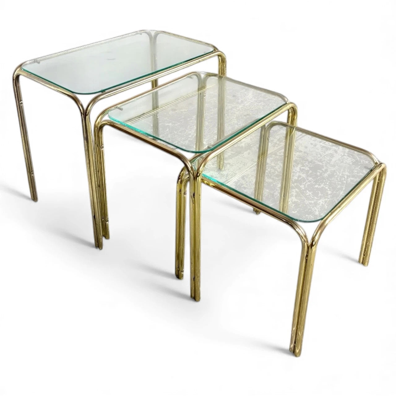 Vintage Brass and Glass Nest of Tables – 1970s Hollywood Regency Style