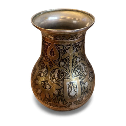 Vintage Brass and Silver Inlaid Vase – Hand-Etched Kashmiri Indian Bidri-Style Metalwork Vessel