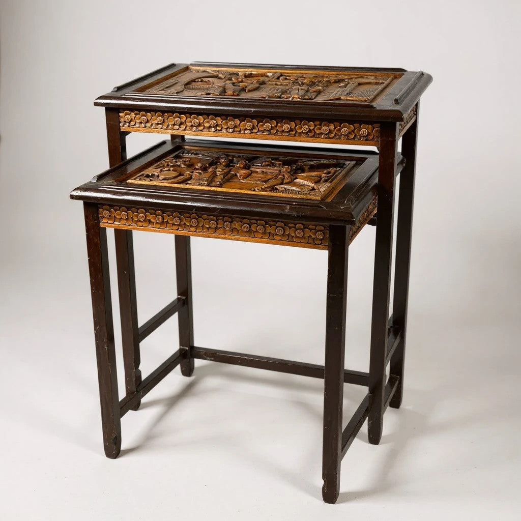 Vintage Chinese Camphor Wood Nest of Tables – Hand Carved Oriental Side Tables, Tall Nesting Tables