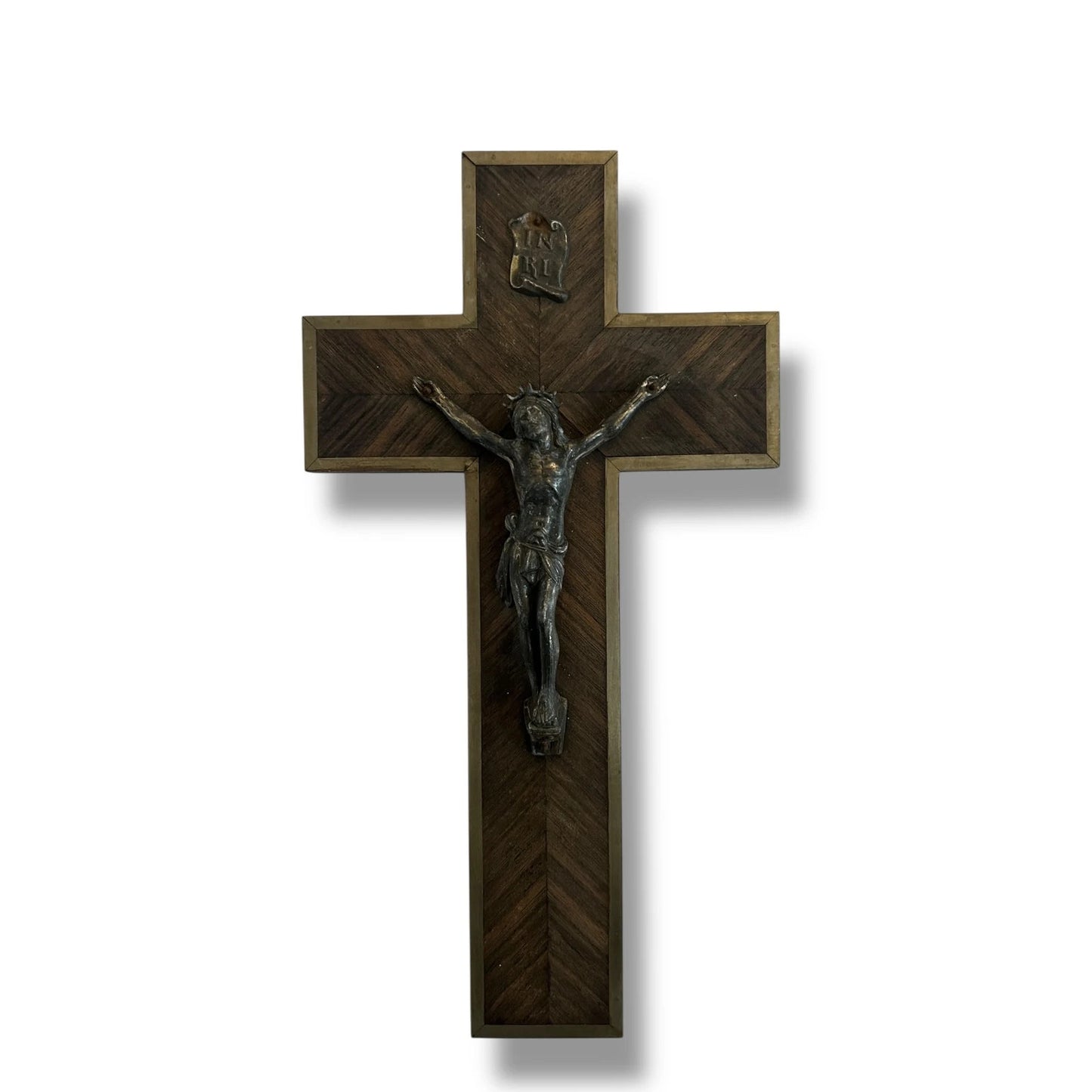 Vintage 1960s Wooden Marquetry Jesus Christ Crucifix