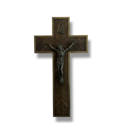 Vintage 1960s Wooden Marquetry Jesus Christ Crucifix
