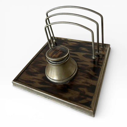 Tortoiseshell Ink Well | 19th Century Antique Desk Organiser with Aged Metal Detailing