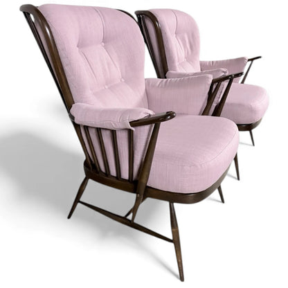 Ercol Everest Armchairs – Mid-Century Dark Beech Chairs with Dusty Pink Upholstery — view 2
