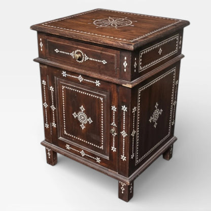 Syrian Mahogany Bedside Cabinet – Handcrafted 19th Century Furniture with Mother of Pearl Inlay