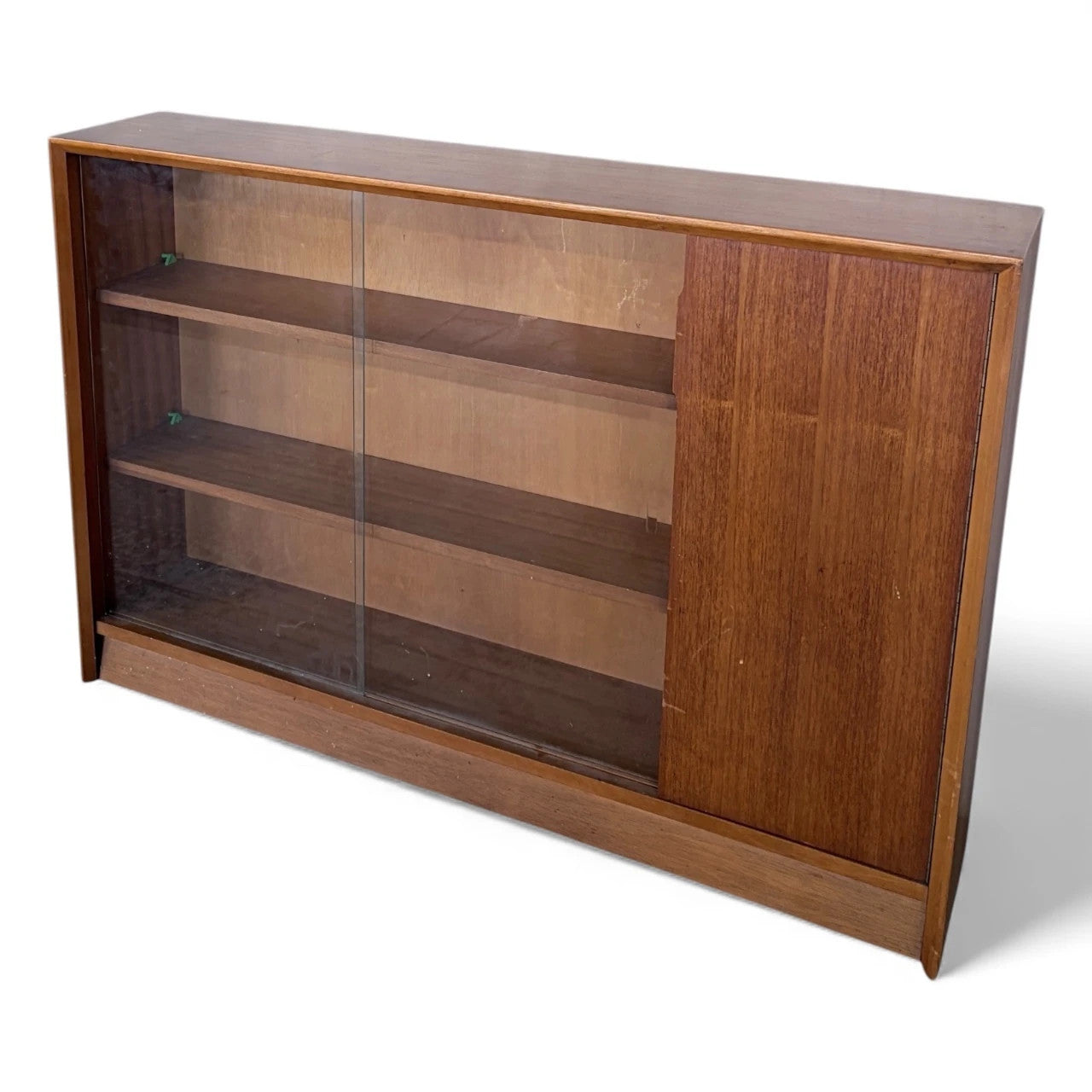 Teak Bookcase With Sliding Glass Doors – Mid Century Adjustable Shelving Cabinet