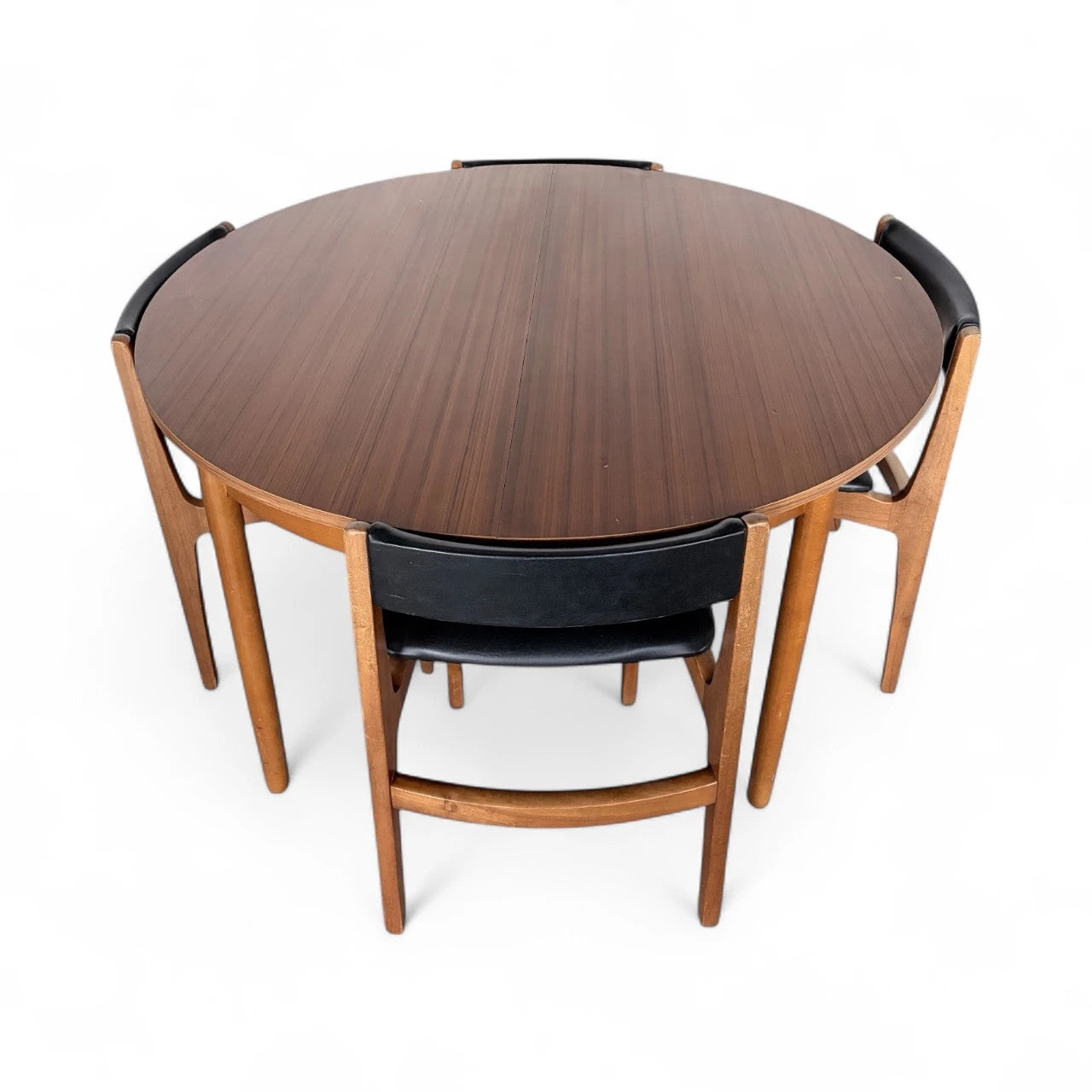 Mid-Century Nathan Teak Dining Table & 4 Chairs | Extendable Round to Oval Table