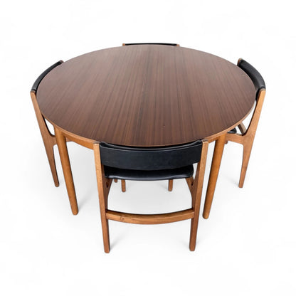 Mid-Century Nathan Teak Dining Table & 4 Chairs | Extendable Round to Oval Table