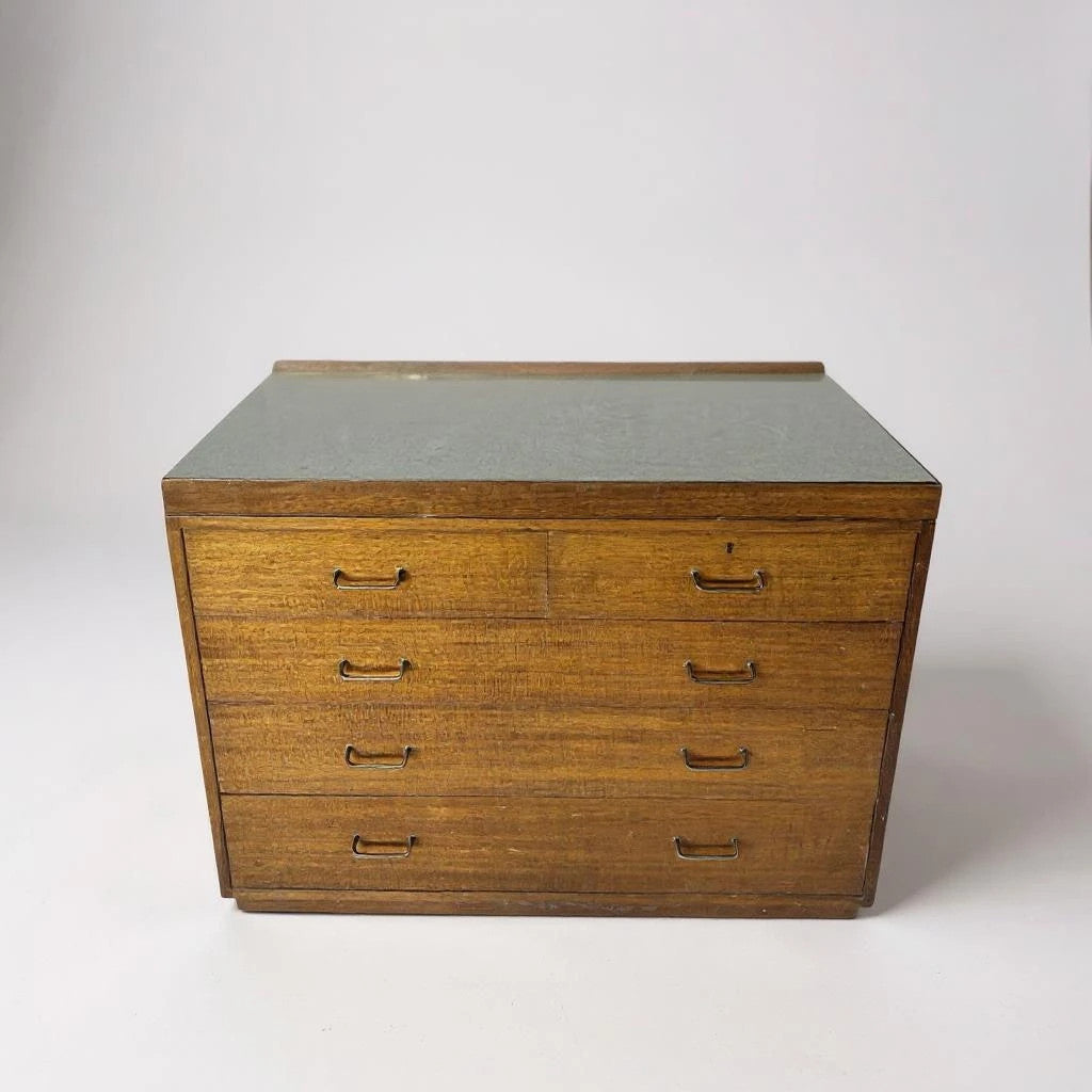 Mid Century Industrial Teak Chest of Drawers | MoD Military Cabinet with White Formica Top