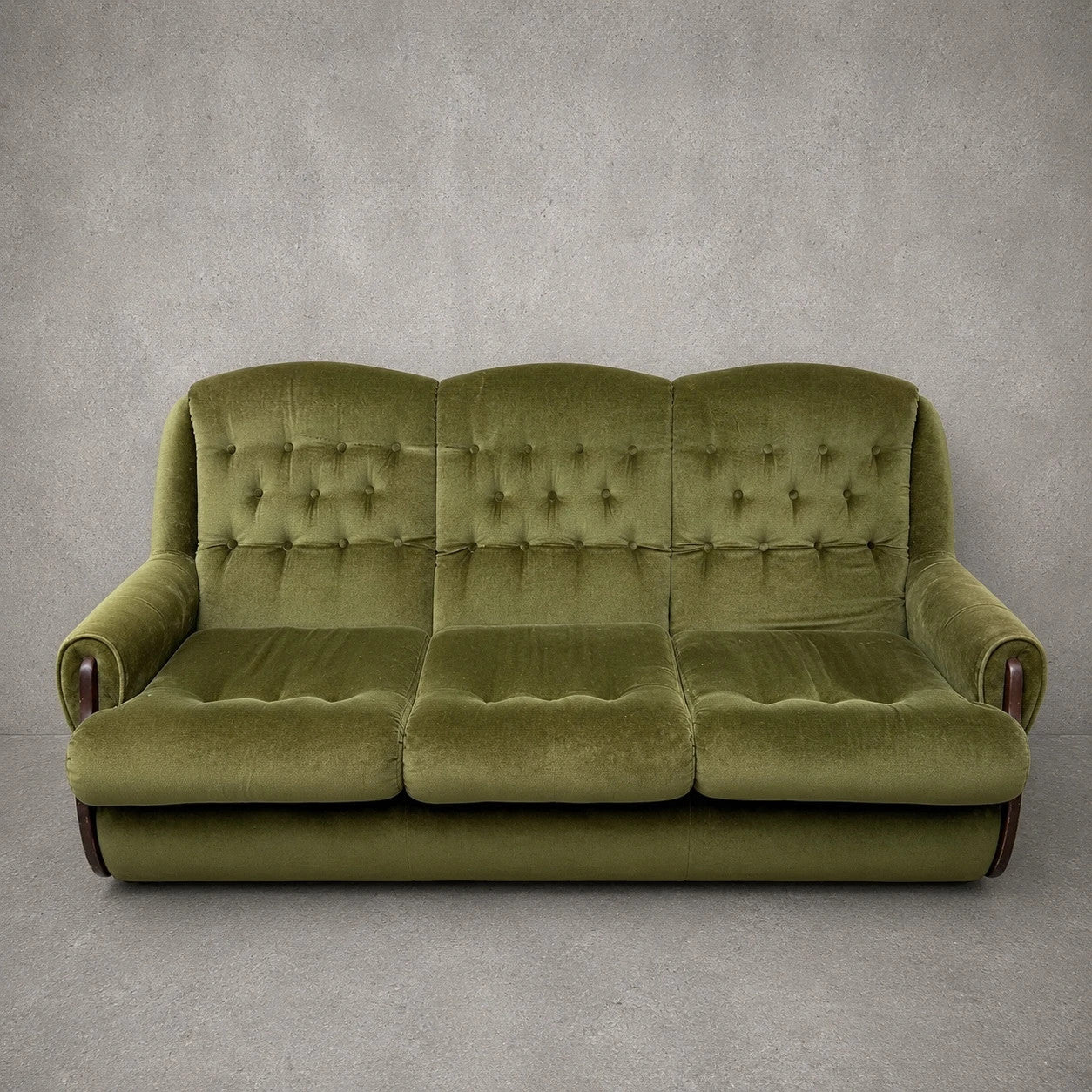 Mid Century Green Velvet and Wood Three Seater Sofa