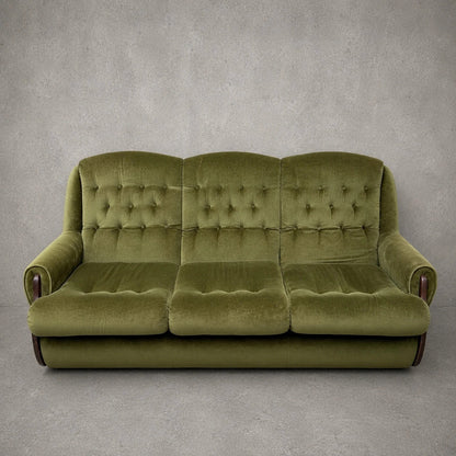 Mid Century Green Velvet and Wood Three Seater Sofa