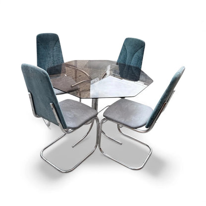 Vintage Chrome & Glass Hexagonal Dining Set | 1970s Space Age Table + 4 Blue Velvet Chairs
