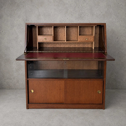 Mid Century Tiger Oak Bureau Bookcase Display Cabinet