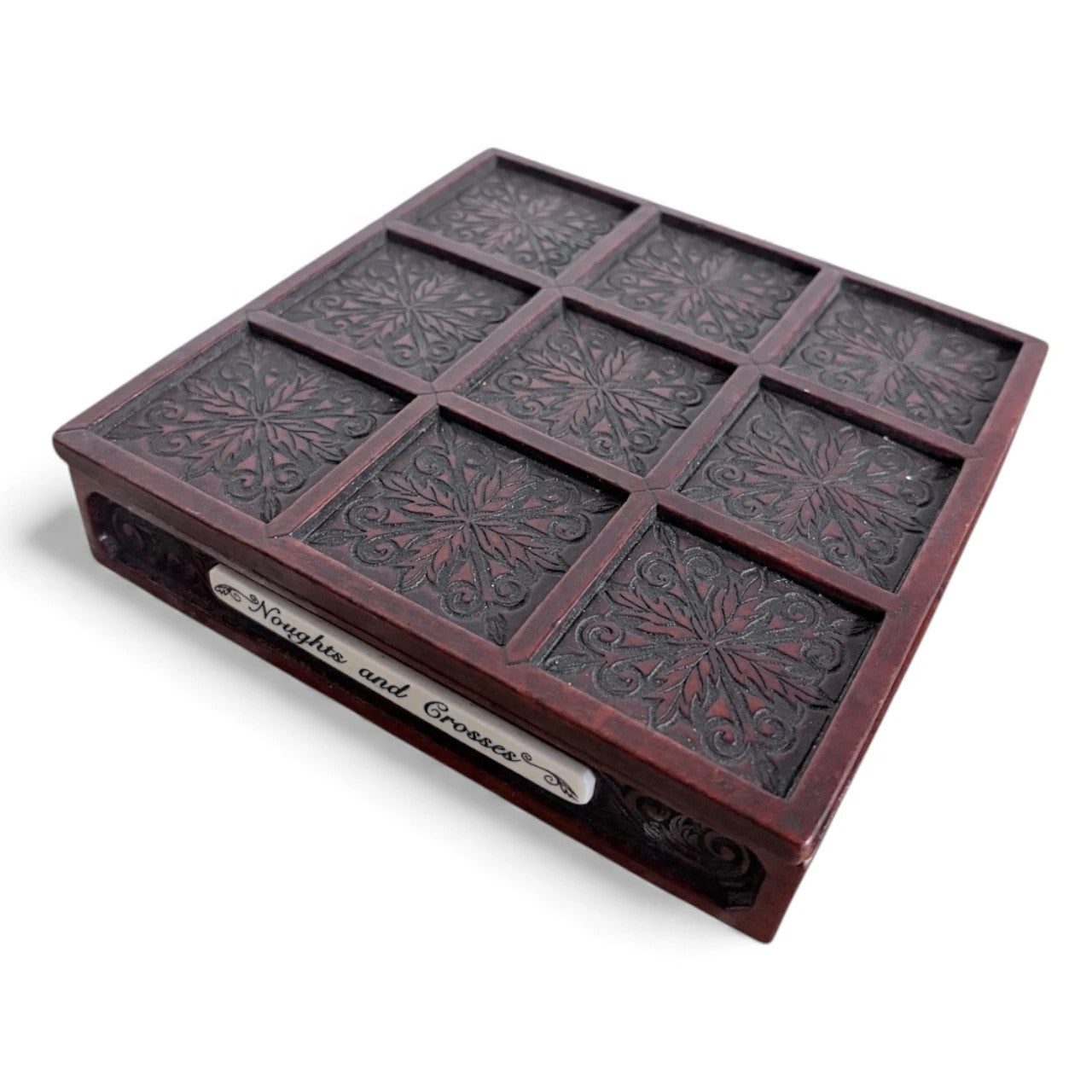Carved Wood & Tile Noughts and Crosses Game – Vintage Tic Tac Toe Set