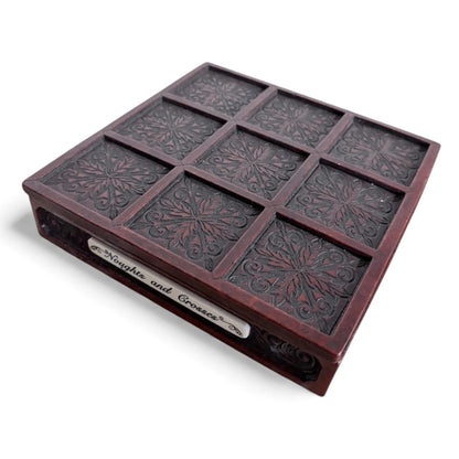Carved Wood & Tile Noughts and Crosses Game – Vintage Tic Tac Toe Set