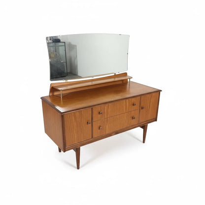 Mid Century Dressing Table | Vintage Teak Vanity with Brass Handles & Mirror