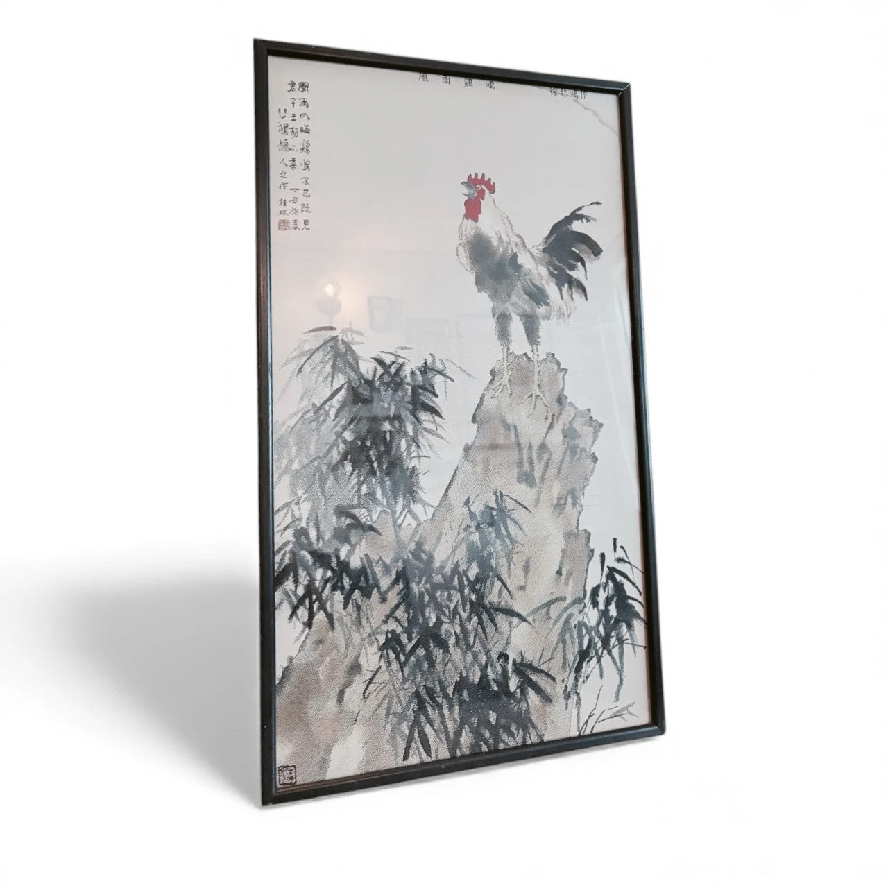 Framed Oriental Rooster Painting – Vintage Ink Wash Art on Silk