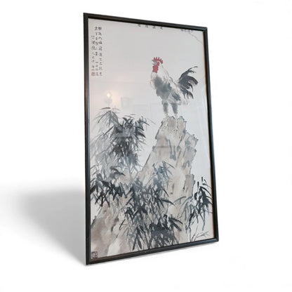 Framed Oriental Rooster Painting – Vintage Ink Wash Art on Silk